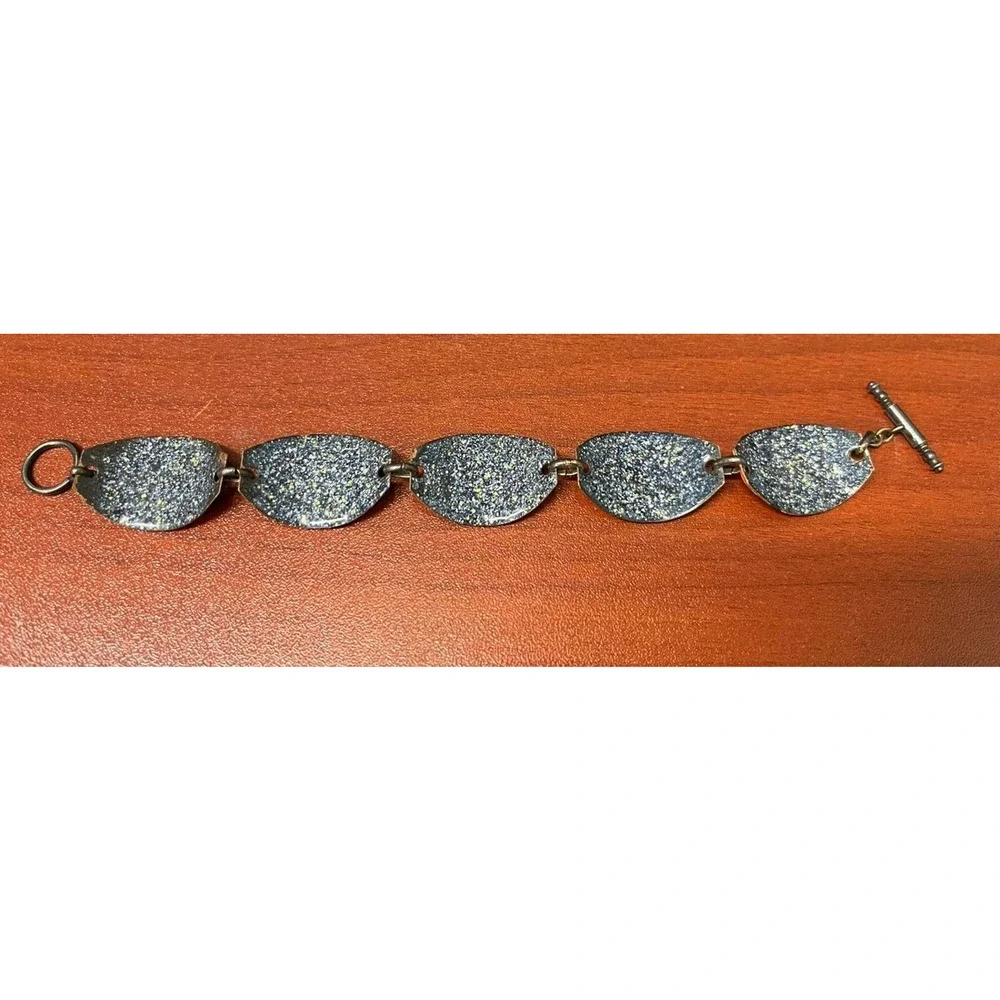 Mid Century Mod Copper Enamel Chunky 5 Panel Abstract Wide Link Bracelet 7